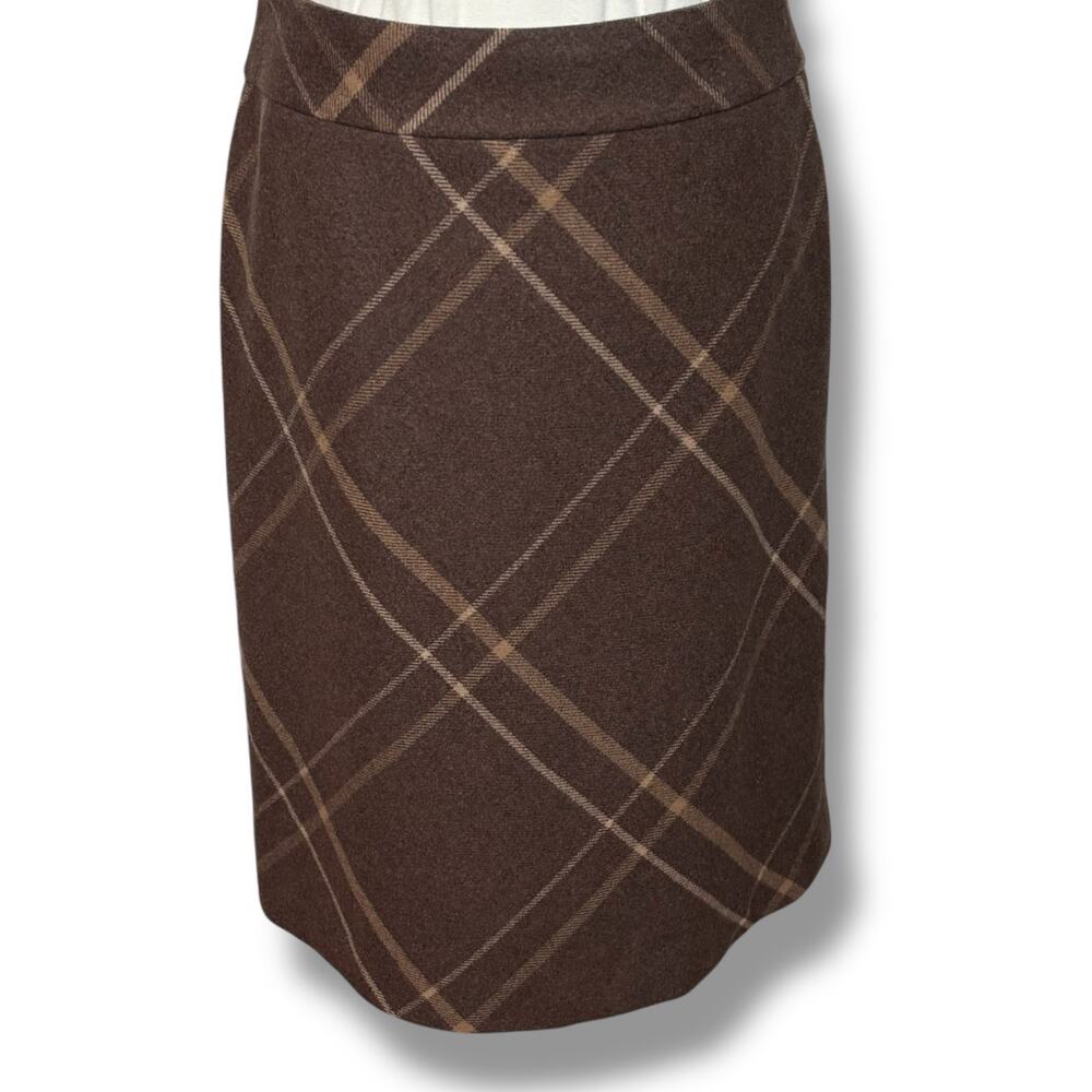 Ann Taylor Brown Plaid Wool Blend Skirt with Side Zipper-Size 8